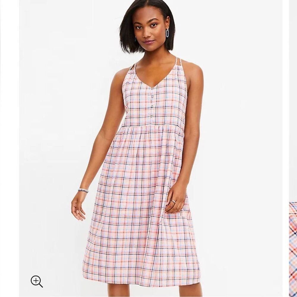 Ann Taylor LOFT Woman’s Strappy Button Midi Dress in Pink Plaid Size 16 NWT